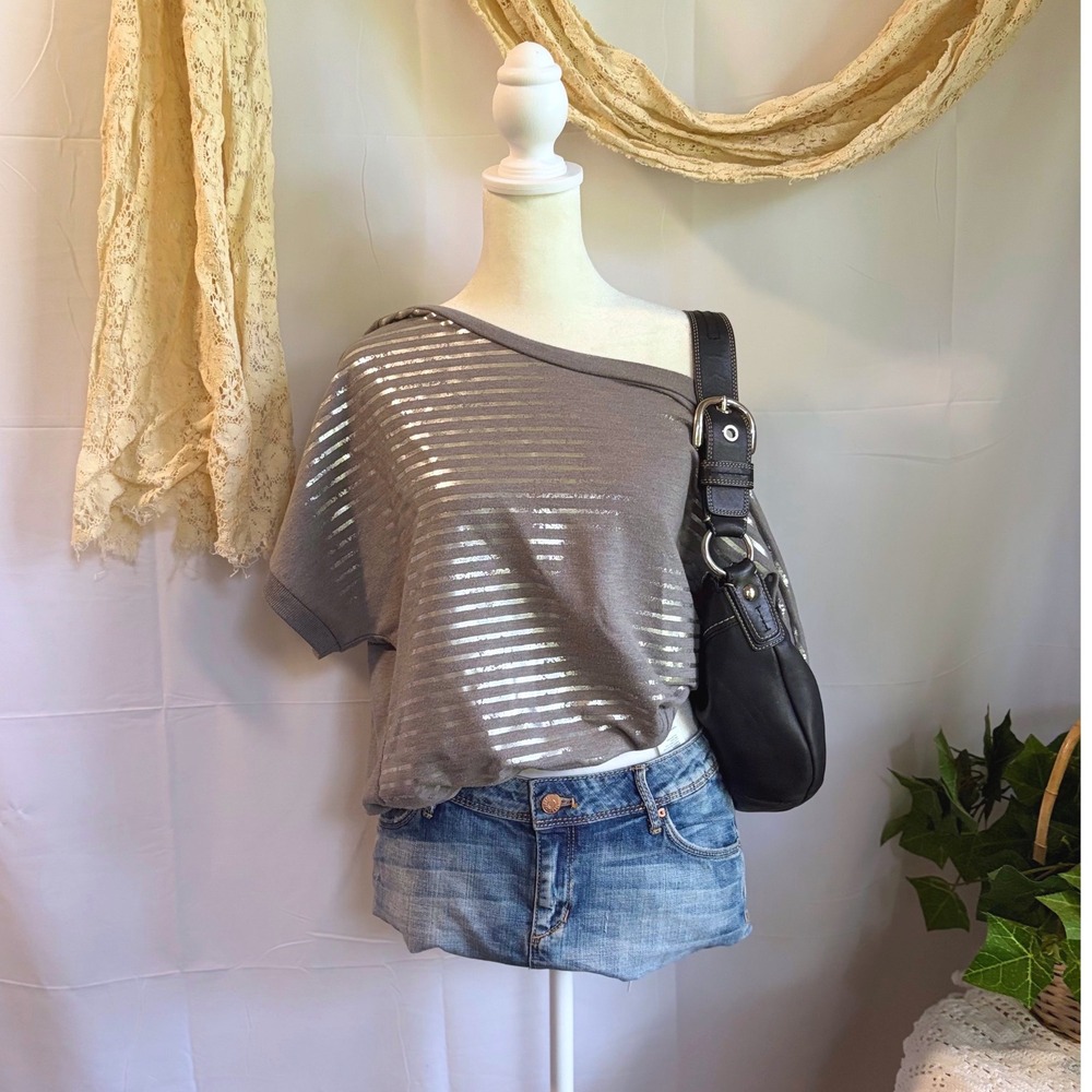 Y2K Sleaze Trashy Sloucju Grey Silver Metallic Stripe Off Shoulder Strappy Top M